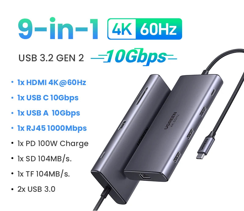 Dual HDMI USB-C Hub 10-in-1 Dock with 8K HDMI Gigabit Ethernet 100W PD USB Card Reader