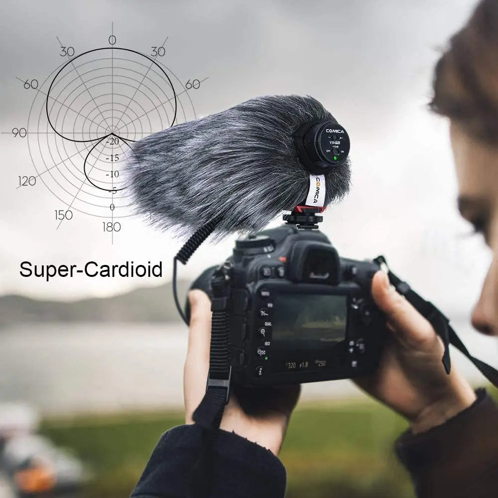Super Cardioid Condenser Shotgun Microphone for DSLR Cameras and Smartphones with Wind Muff