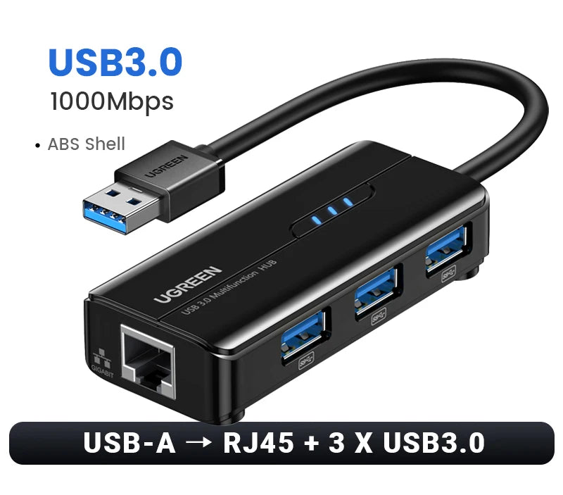 USB 3.0 Gigabit Ethernet Adapter with 3-Port Hub RJ45 LAN Network Card for Laptop PC
