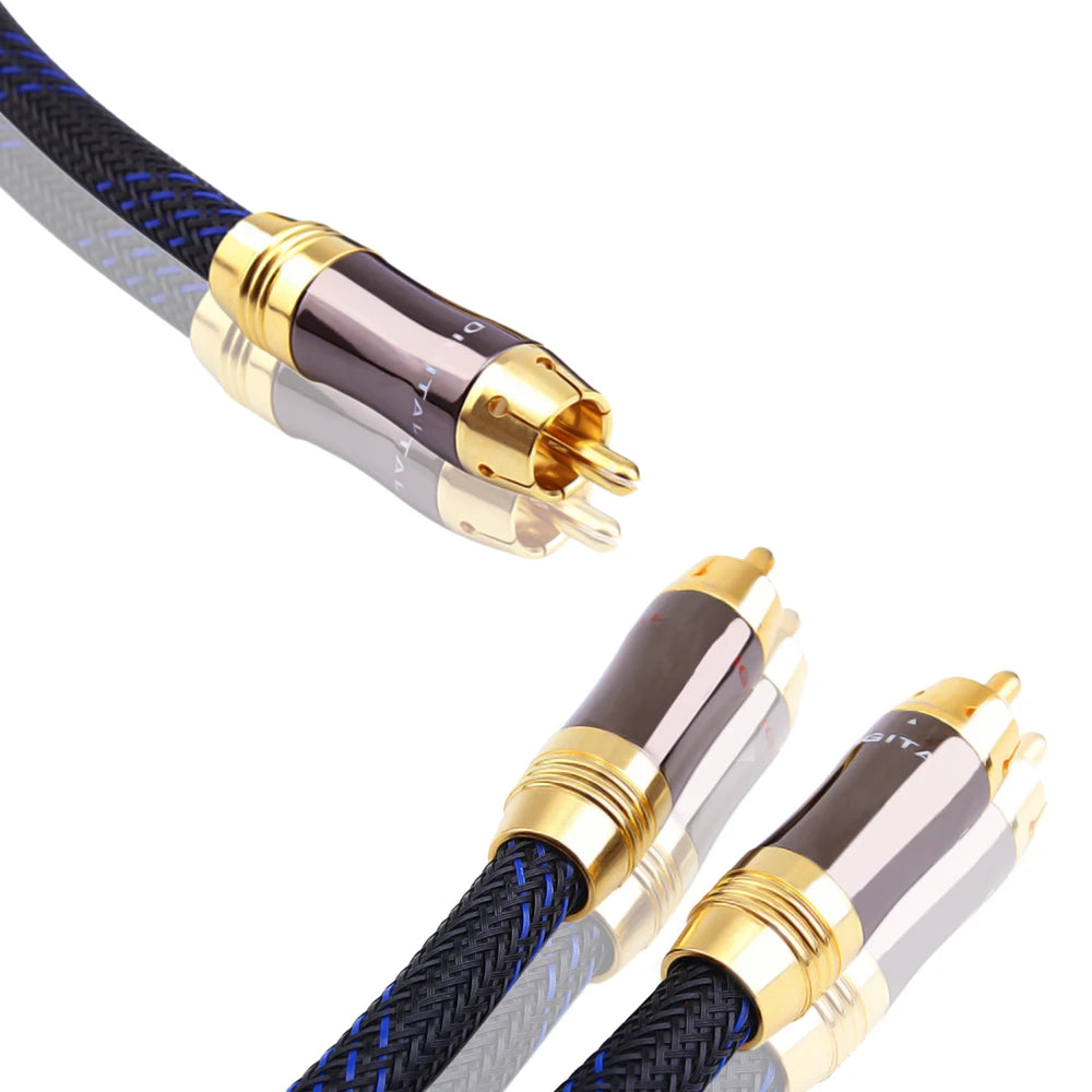 RCA Y Splitter Subwoofer Cable 1 Male to 2 Male Gold Plated Audio Lead for Home Cinema