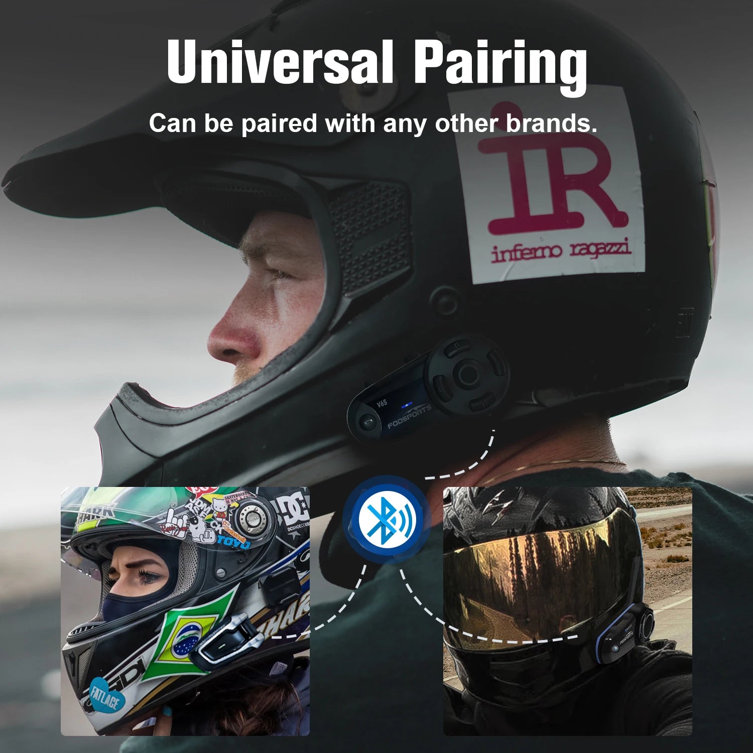 Bluetooth 5.0 Helmet Headset with Intercom, FM Radio, Noise Reduction, for up to 6 Riders 1000m