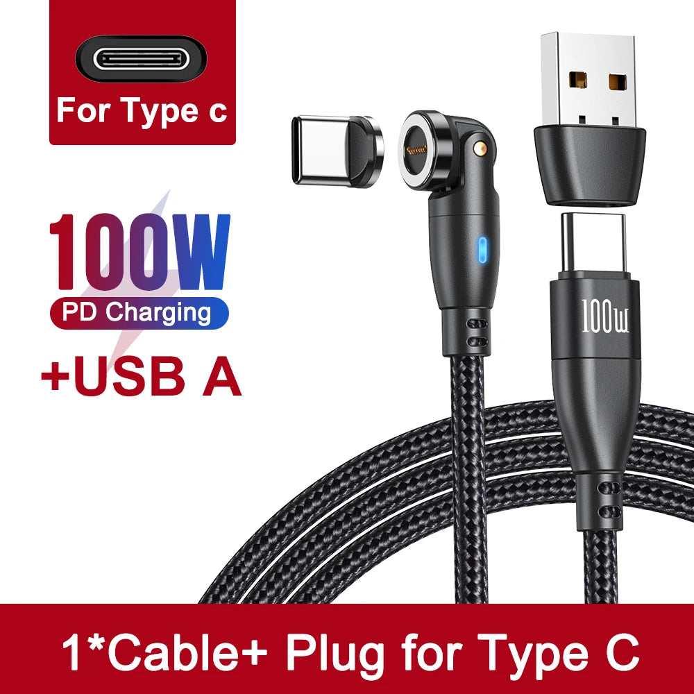 540 Degree Magnetic Fast Charging USB Type C Cable with 5A PD100W Power and 3 Tips