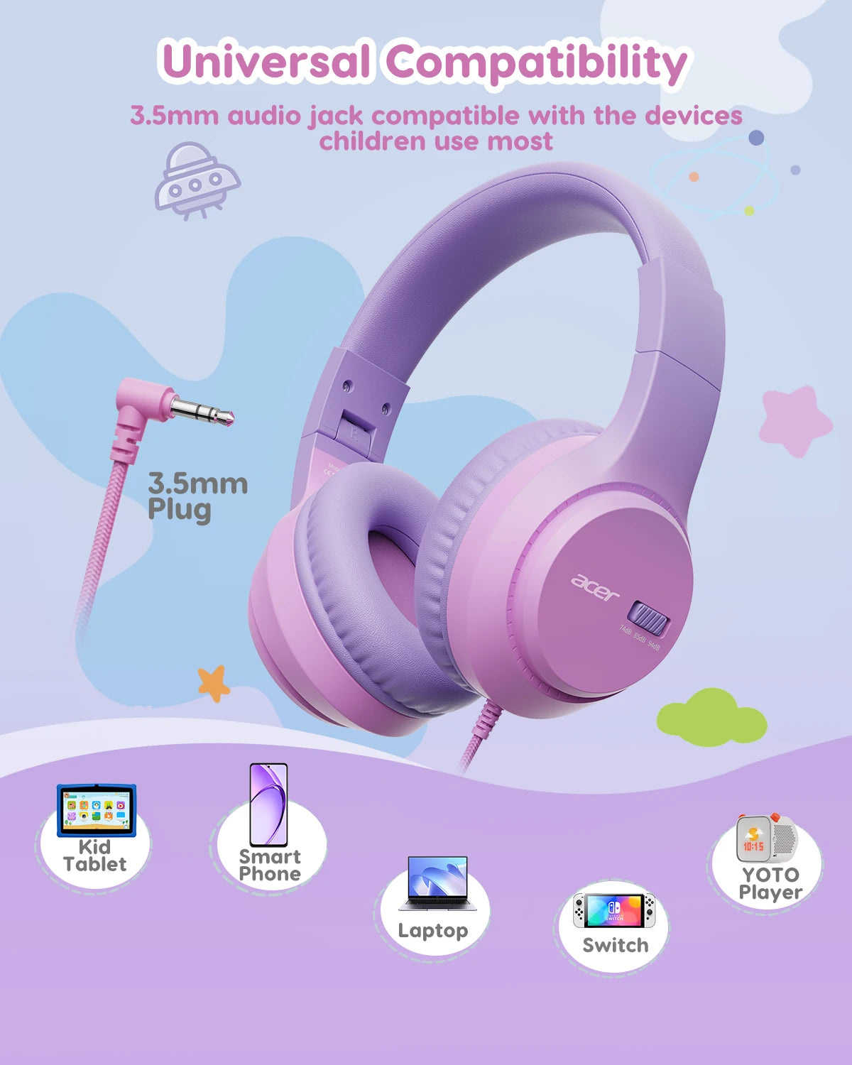 Kids Wired Over Ear Headphones with Volume Limiter and Foldable Design for Study and Travel