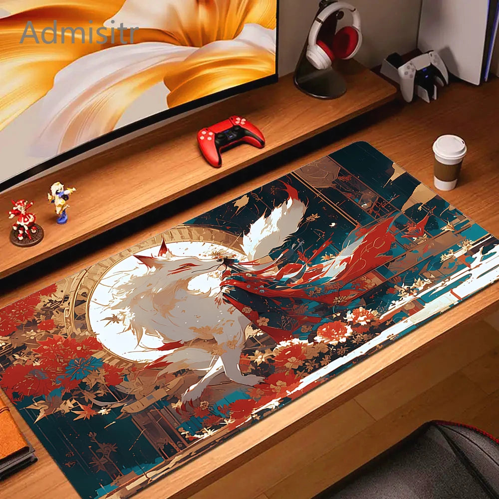 Kawaii Anime Pink Fox Mouse Pad Extra Large Natural Rubber Non-Slip Desk Mat for Gaming and Office
