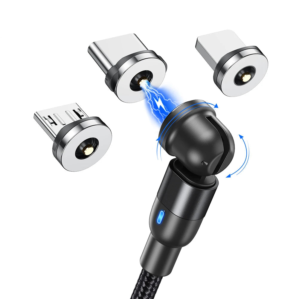 Magnetic 3 in 1 Fast Charging Cable with 540 Degree Rotate for Type C Micro USB and iPhone Devices