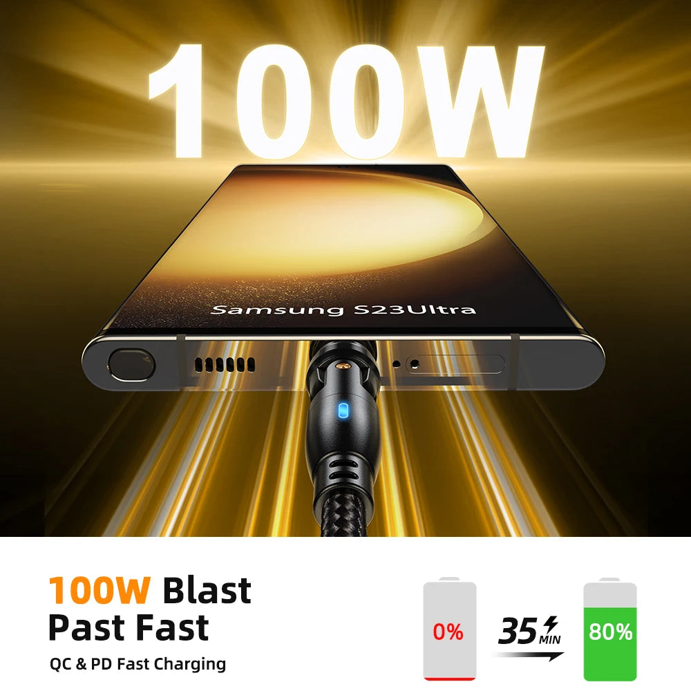 540 Degree Magnetic Fast Charging USB Type C Cable with 5A PD100W Power and 3 Tips