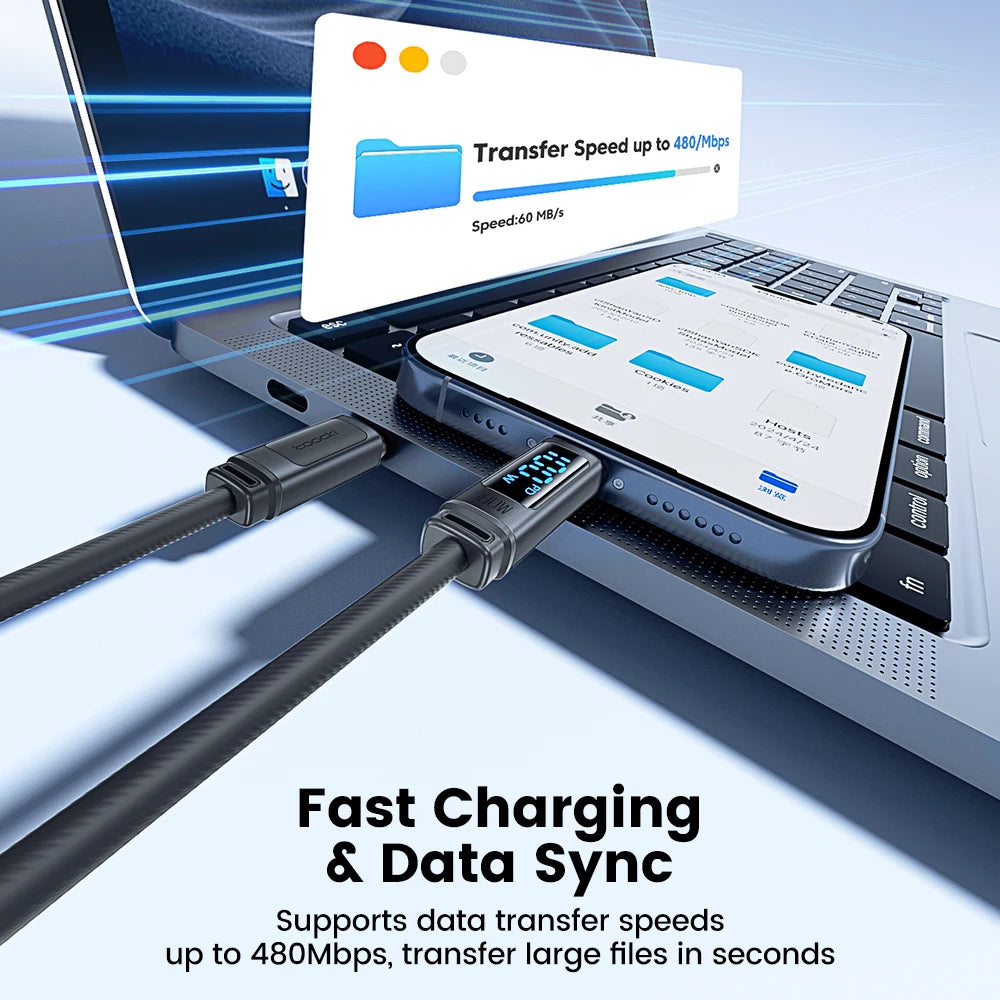 100W USB C to USB C Fast Charging Cable with Digital Display and Soft Silicone Design
