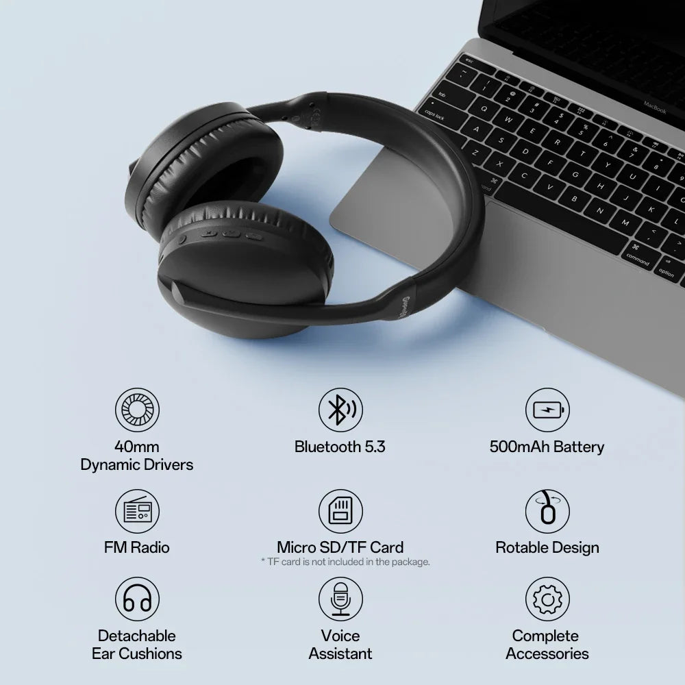 Wireless Bluetooth 5.3 Over-Ear Headphones Micro SD Card Slot FM Radio HiFi Stereo Headset with Mic