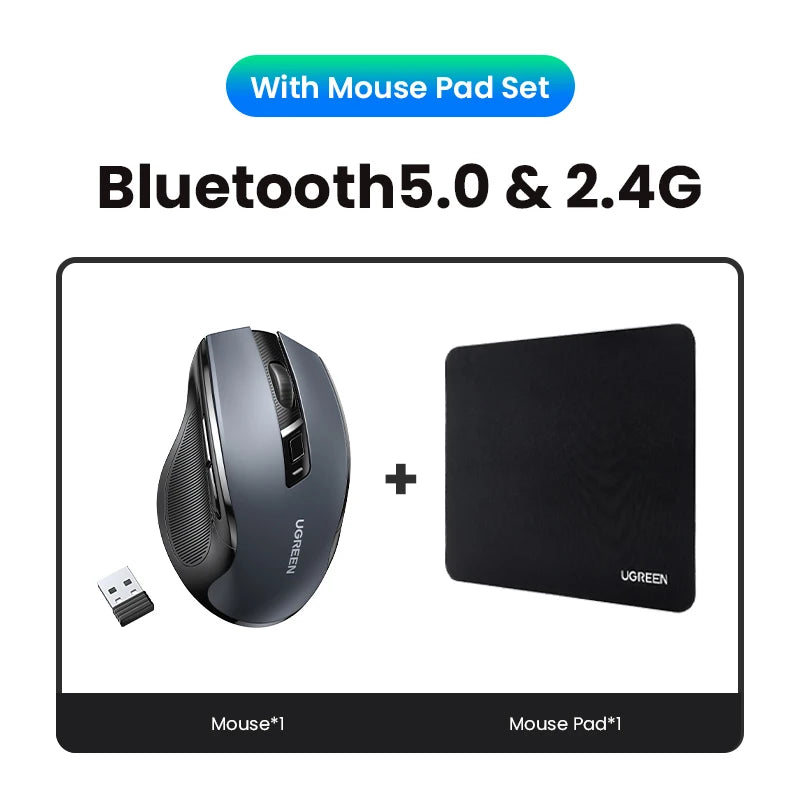Wireless Bluetooth 5.0 & 2.4GHz Ergonomic Mouse 4000 DPI Silent Clicks for Laptop PC Tablet