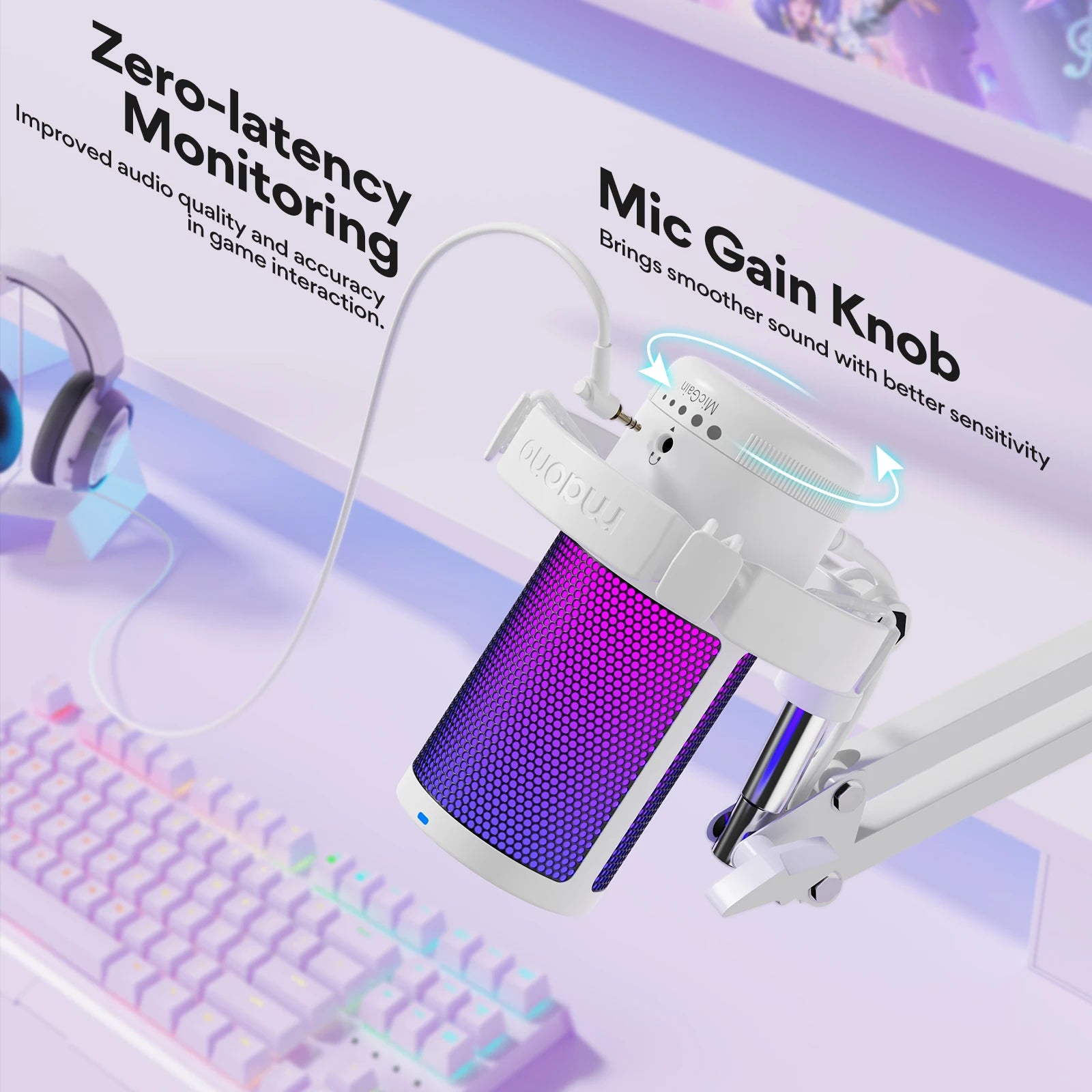 USB Gaming Microphone RGB Lighting, Noise Cancelling, Gain Control & One-Touch Mute for Streaming