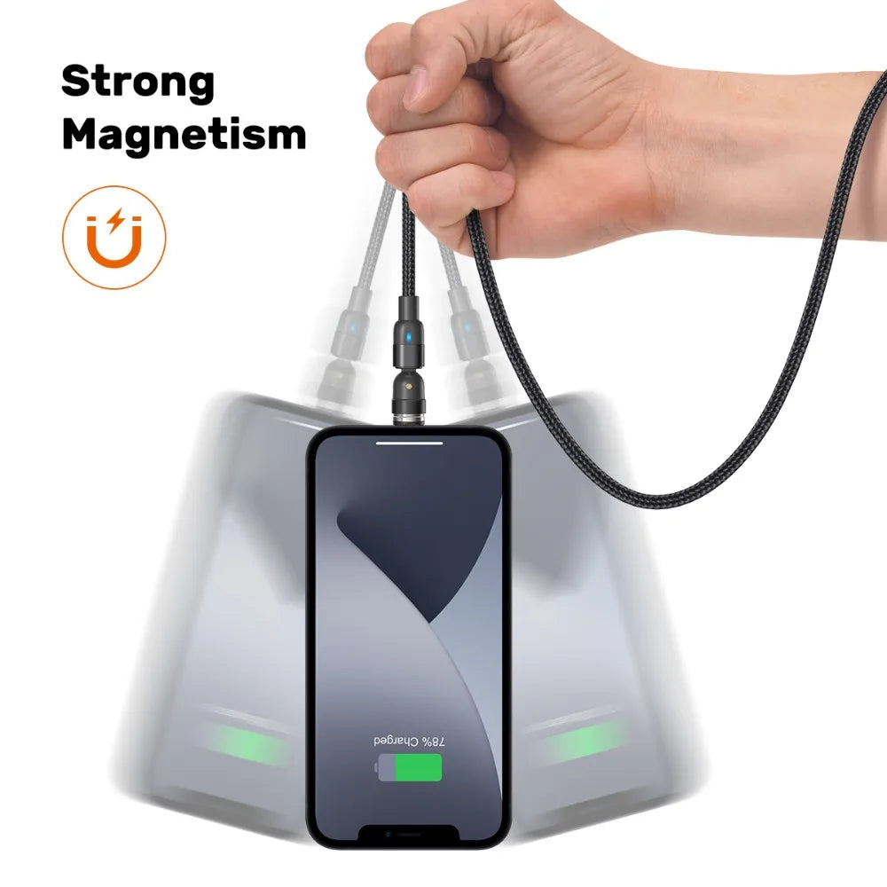 Magnetic 3 in 1 Fast Charging Cable with 540 Degree Rotate for Type C Micro USB and iPhone Devices