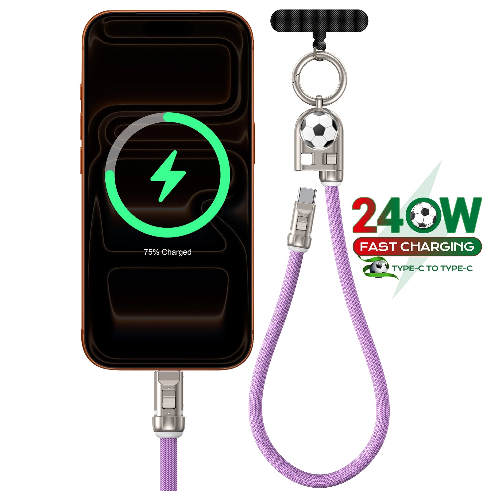 2 in 1 240W USB C Fast Charging Data Cable with Lanyard for iPhone Samsung and Huawei Devices
