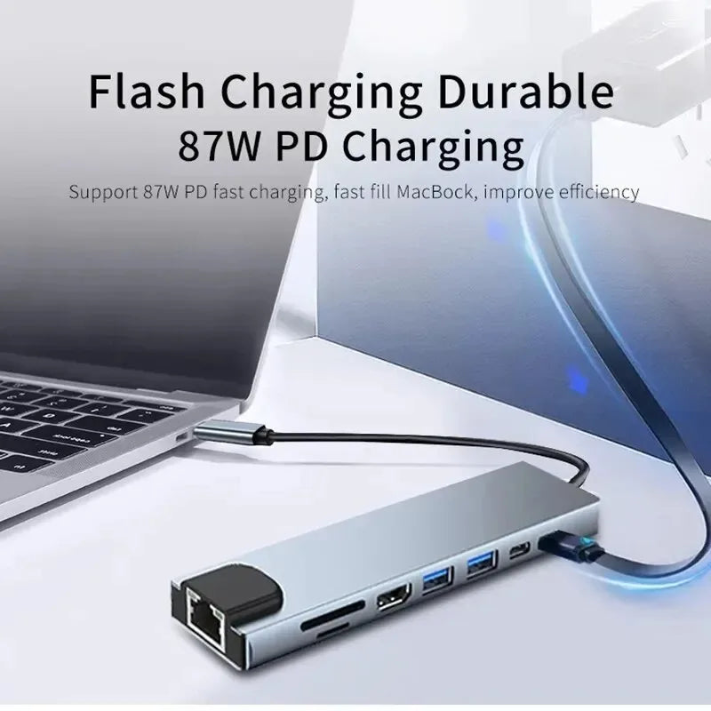 8-in-1 USB-C Hub Adapter with 4K HDMI, RJ45, SD/TF Card Reader, and PD Fast Charging