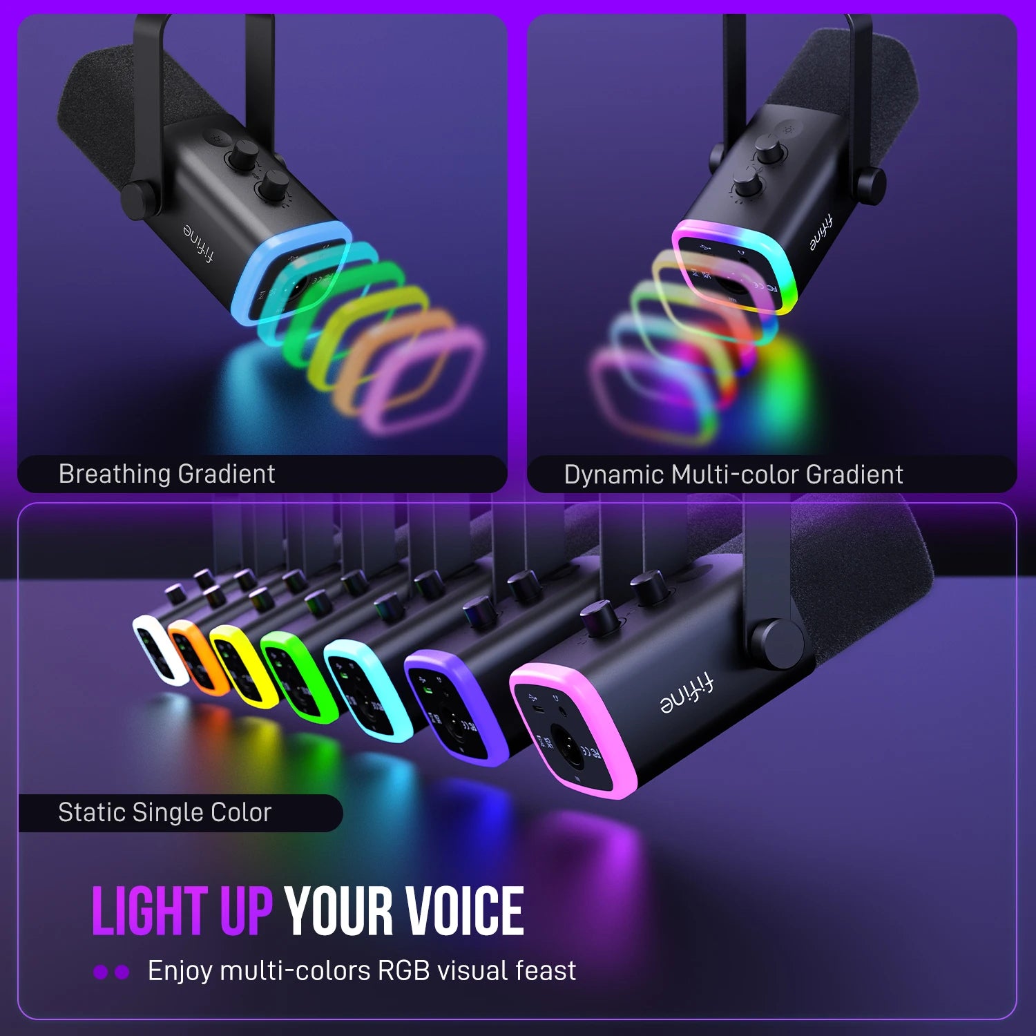 USB/XLR Dynamic Gaming Microphone with RGB Lighting Headphone Jack Mute Control for Streaming