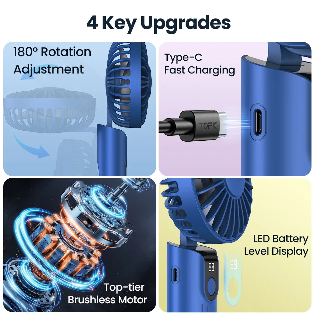 Mini Portable USB Rechargeable Handheld Fan 5000mAh Foldable Pocket Fan with 3 Speeds Base