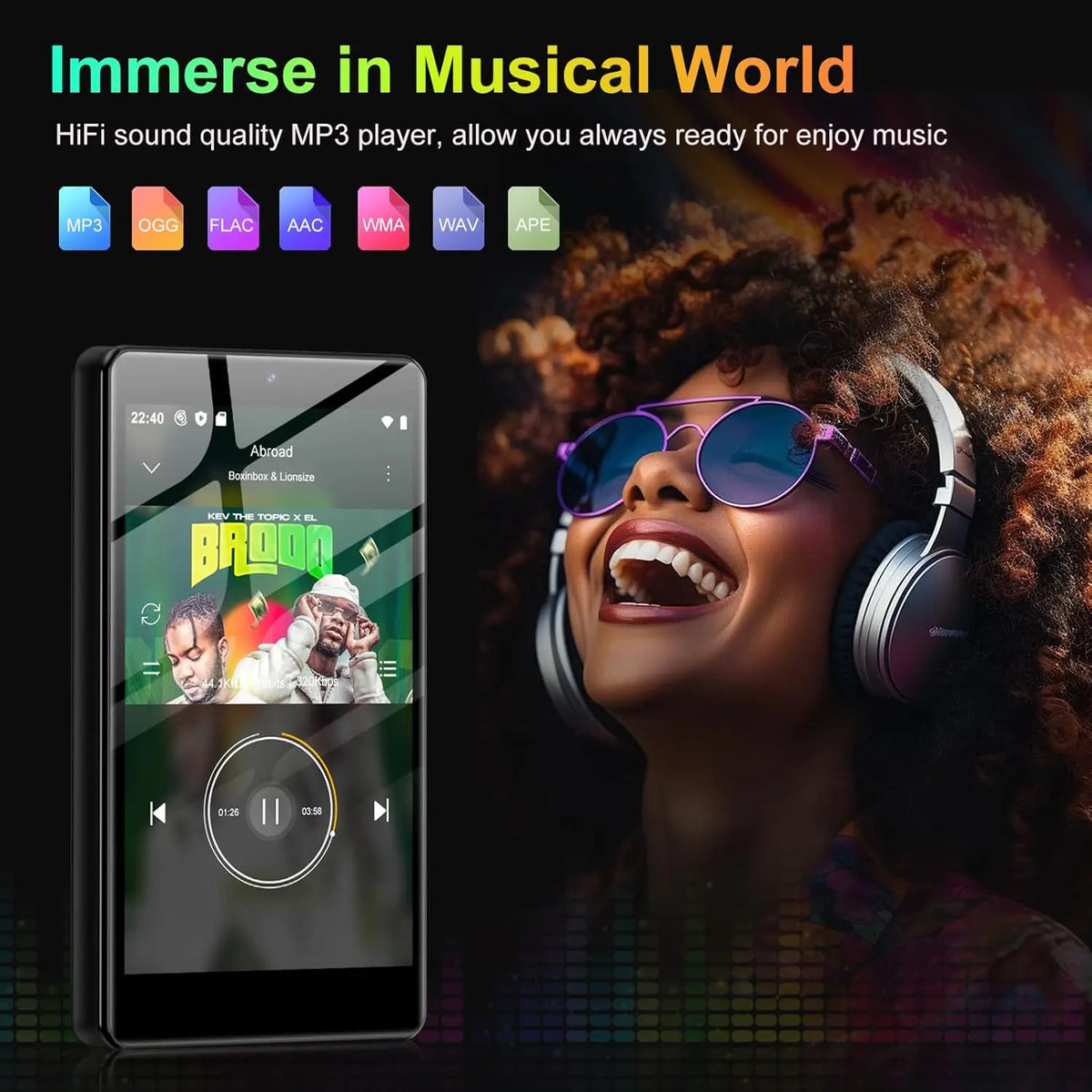 Bluetooth MP3 Player with Camera, Android 13, 4" Touch Display, Wi-Fi, High-Res Audio, 32GB/96GB