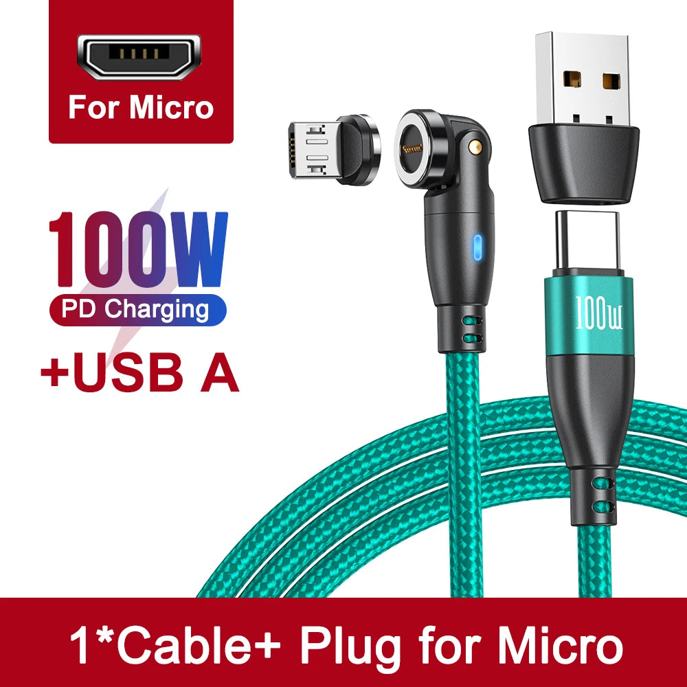 540 Degree Magnetic Fast Charging USB Type C Cable with 5A PD100W Power and 3 Tips