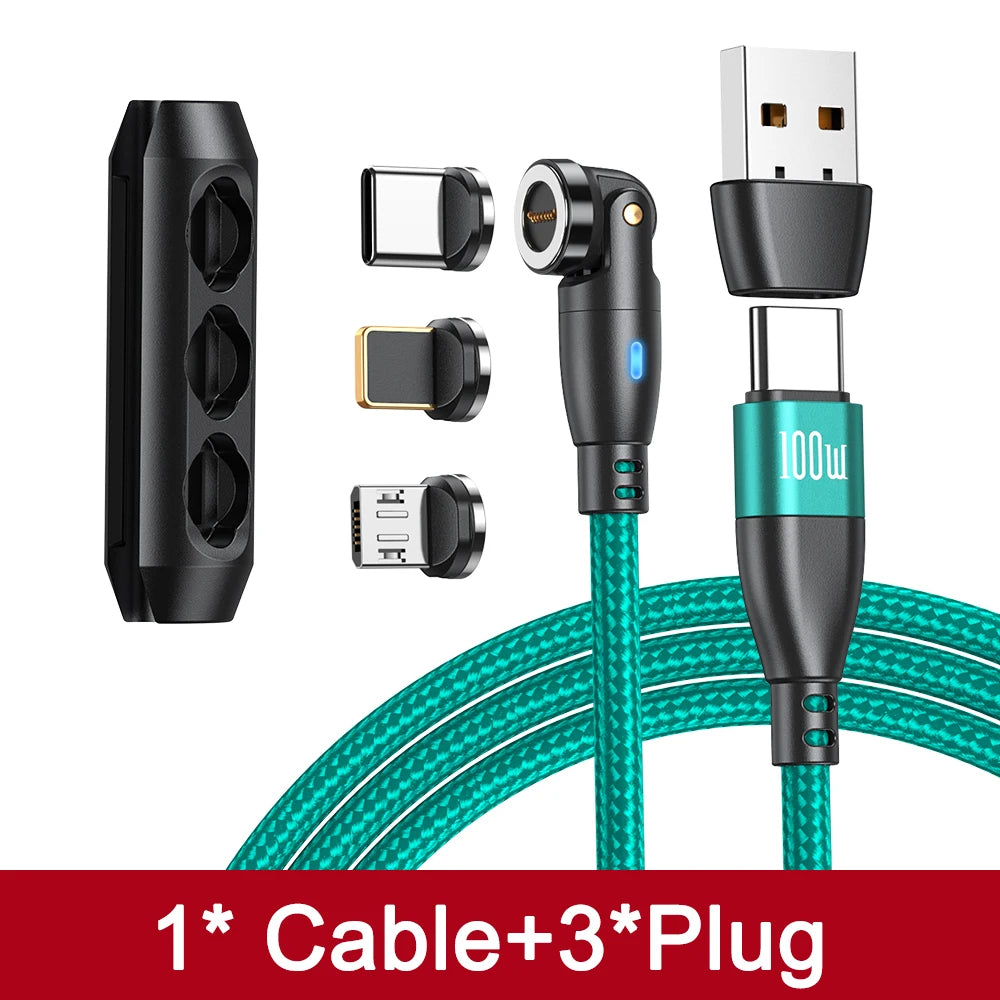 540 Degree Magnetic Fast Charging USB Type C Cable with 5A PD100W Power and 3 Tips