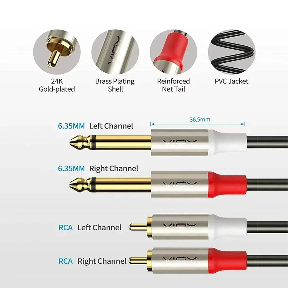 6.35mm to Dual RCA Stereo Cable 1/4 TS Male to 2 RCA Audio Lead for AV Systems