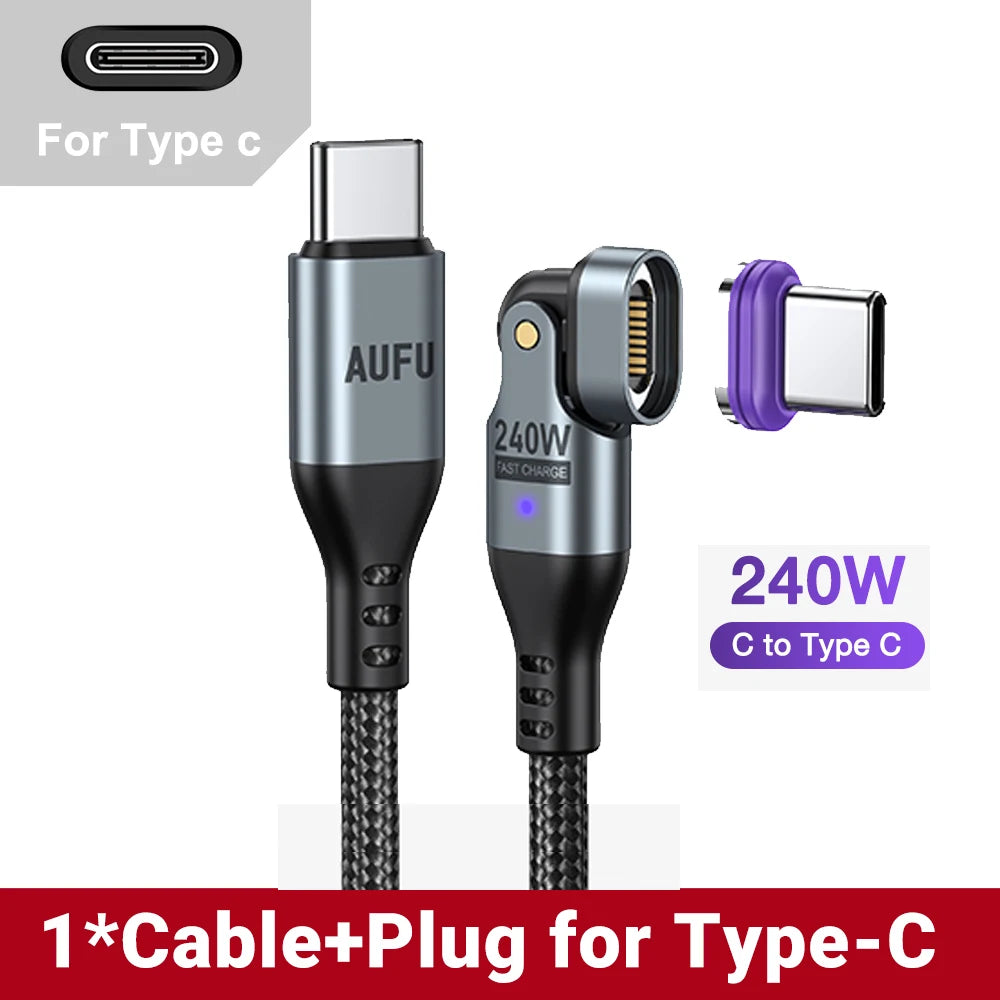 Magnetic 240W Fast Charging USB Cable with 180 Degree Rotation for iPhone and Type C Devices