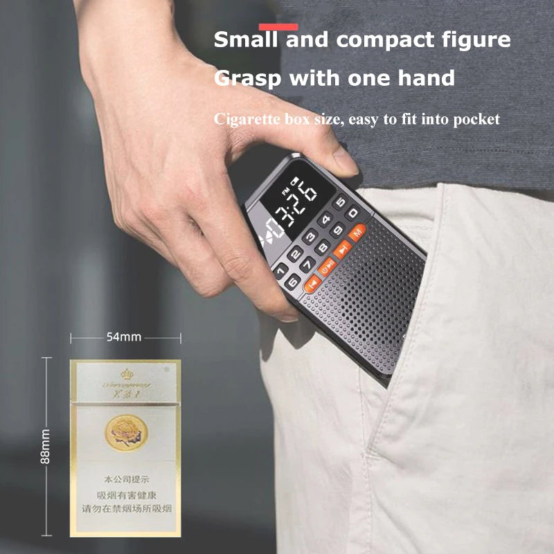 Mini Portable FM Radio and Speaker with LED Torch, Dual Antenna, TF Card, Rechargeable Battery