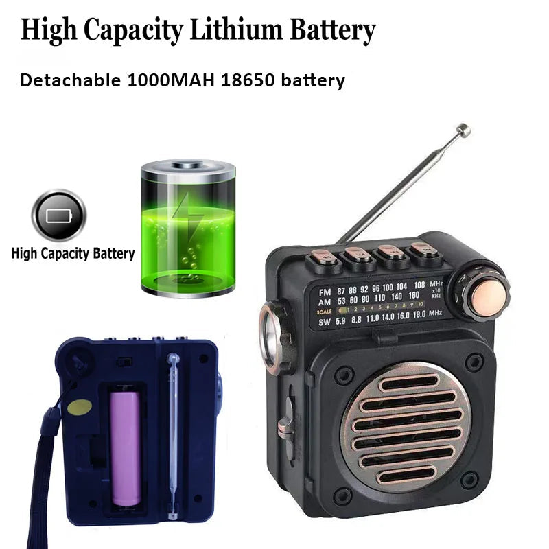 Pocket-Sized Portable FM AM SW Radio with Bluetooth Music Playback and LED Flashlight