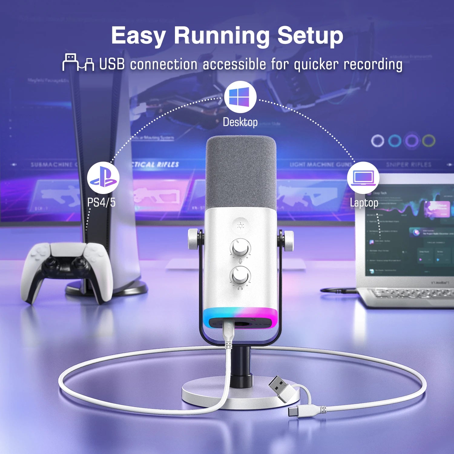 XLR USB Dynamic Microphone with RGB Headphone Jack Touch Mute for Recording Streaming Gaming PS4 PS5