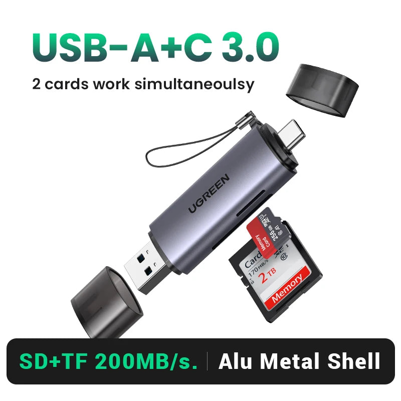 USB-C & USB 3.0 Card Reader SD MicroSD TF Adapter 2-in-1 High-Speed Memory Card Reader