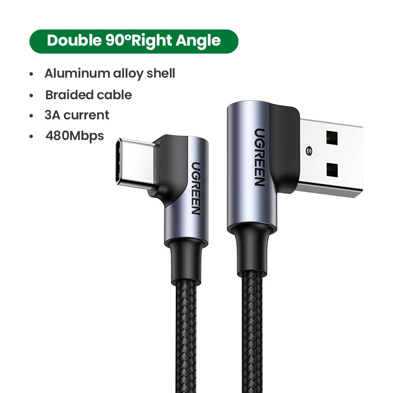 90 Degree USB-C to USB-C Fast Charge Cable 3A Nylon Right Angle Gaming Data Lead 480Mbps