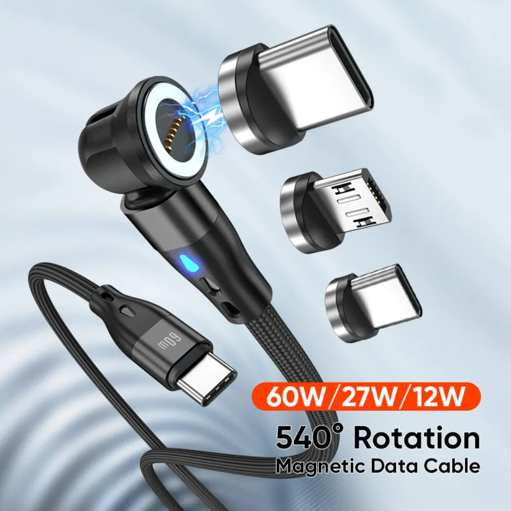 540 Degree Rotating Magnetic USB Charging Cable 60W Fast Charge for iPhone Samsung Xiaomi