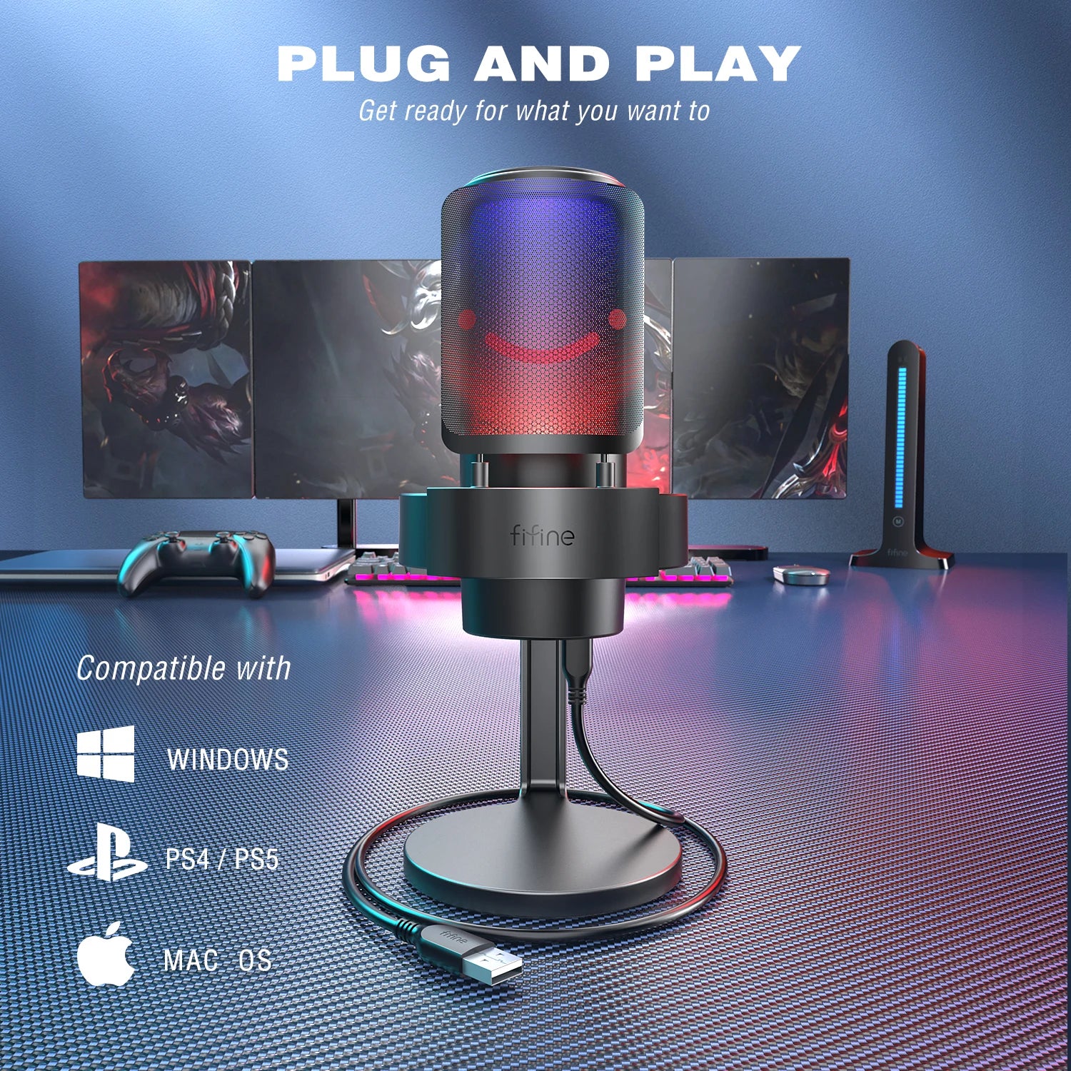 USB Condenser Microphone with RGB Lighting, Headphone Monitoring and Touch Mute for PC Mac Recording