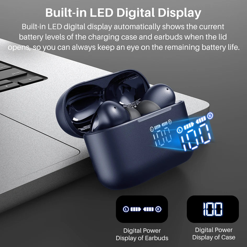 True Wireless Bluetooth Earbuds with LED Display Dual Mic ENC Long Battery IPX8 Waterproof