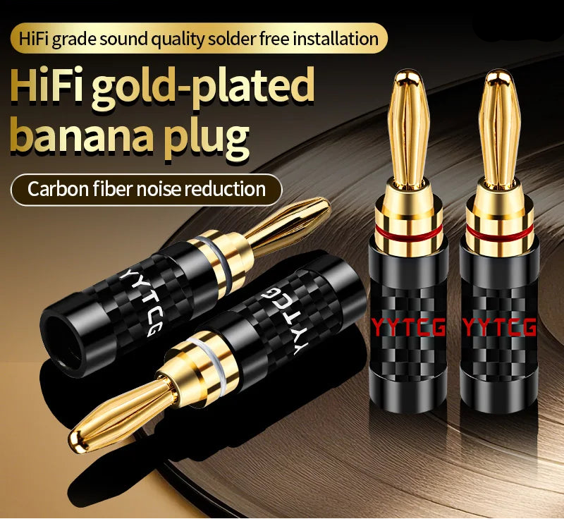 8 Piece Gold Plated Carbon Fibre Banana Speaker Cable Connectors with Screw Tightening