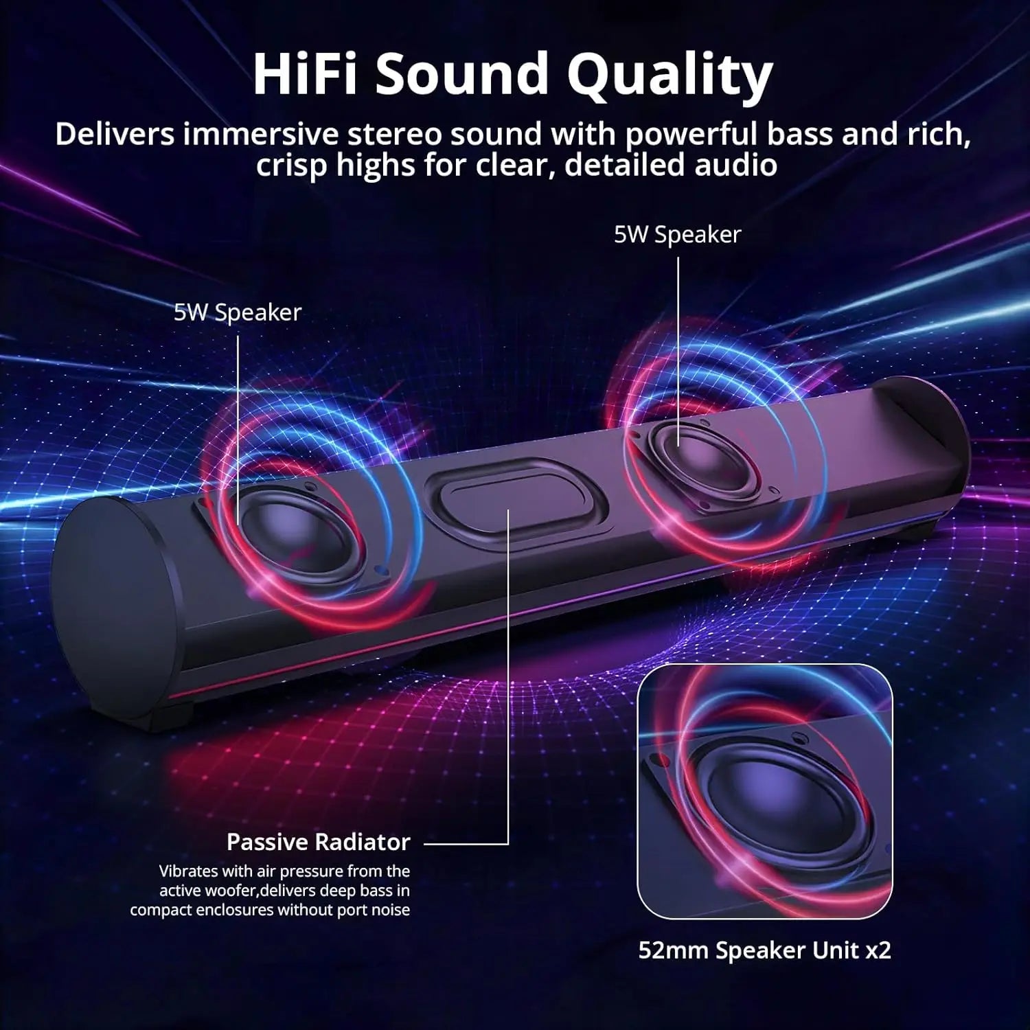 Bluetooth 6.0 Computer Soundbar with Stereo Speakers and Detachable Microphone for PC