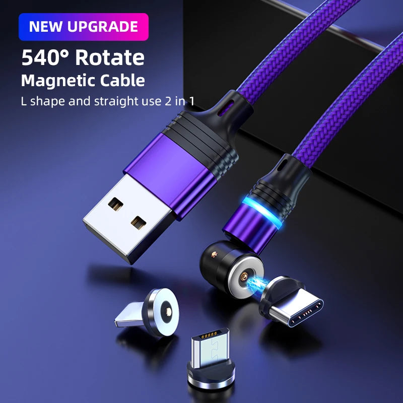 3 in 1 540 Degree Rotating Magnetic Charging Cable with LED Connector for Type C Micro iPhone