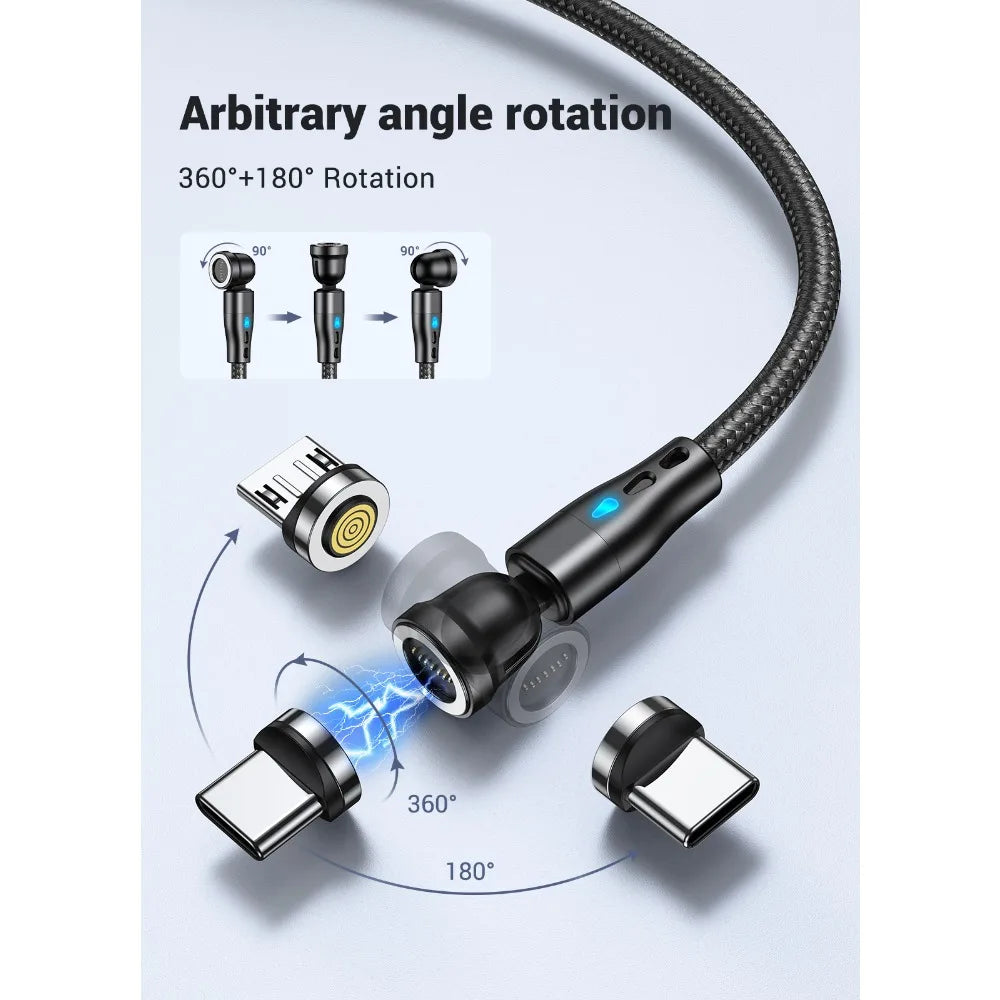 540 Degree Magnetic Fast Charging USB Cable with Rotation for Type C and Micro USB Devices