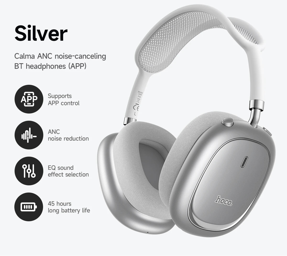 Wireless Bluetooth 6.0 ANC Over-Ear Headphones with App Control Microphone and 45 Hour Battery Life