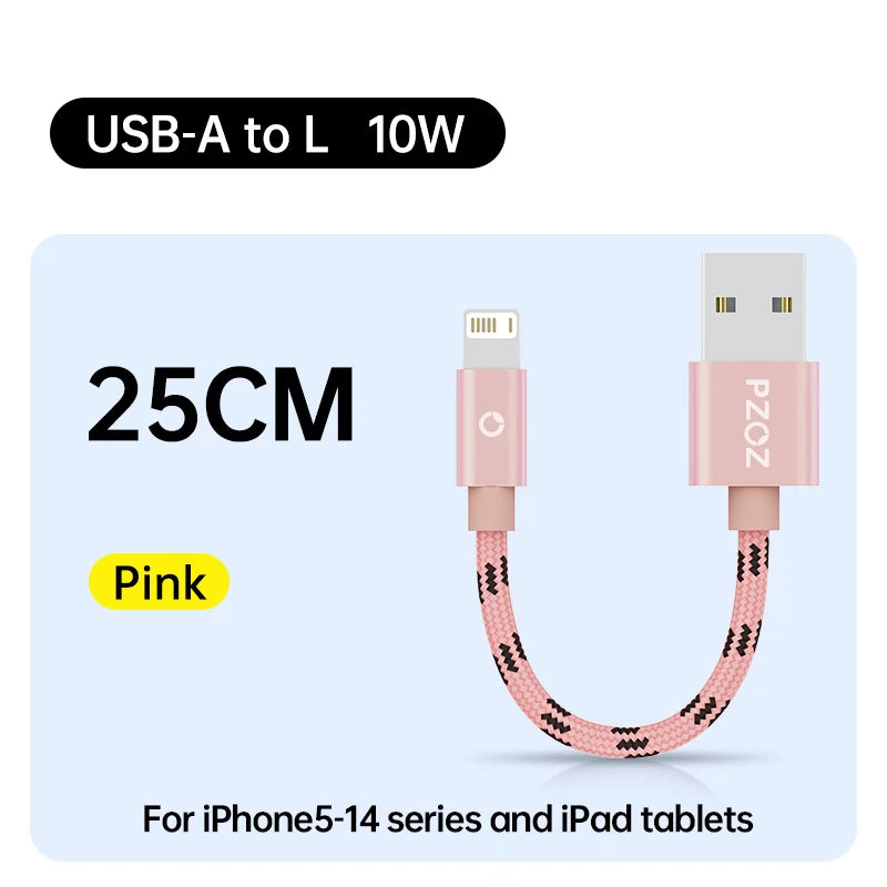 Short USB Charging Cable 25cm 50cm 1m Fast Charge Nylon Data Cord Compatible with iPhone Devices