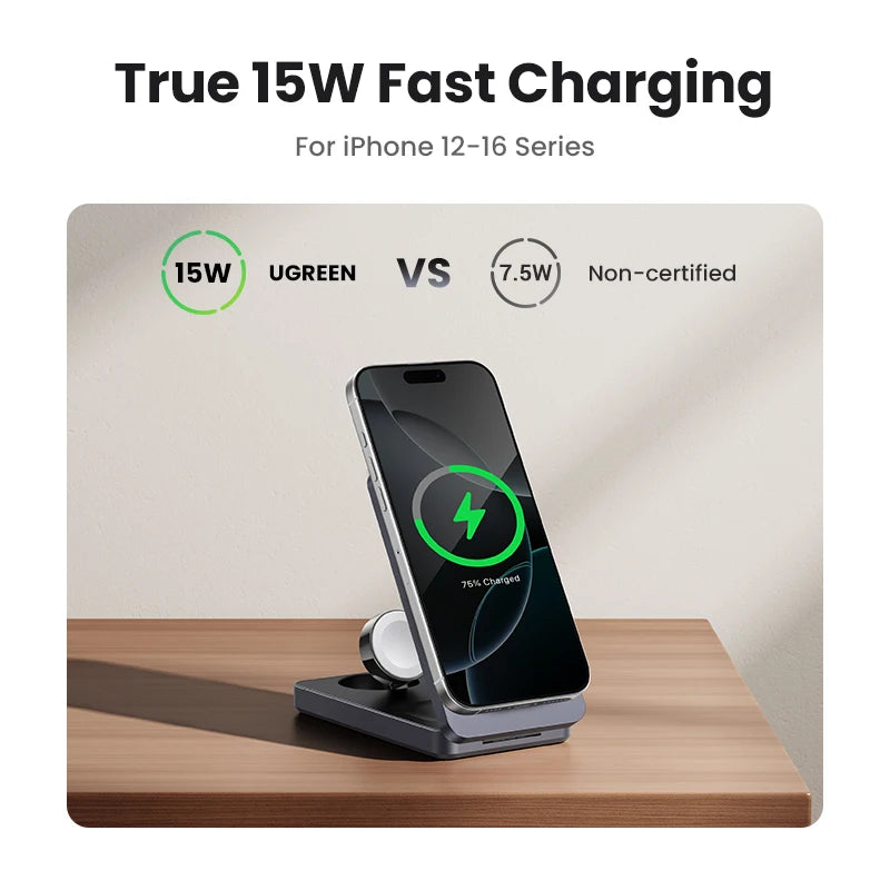 3-in-1 Qi2 Magnetic Wireless Charging Stand 15W Fast Charger for iPhone MagSafe Watch Earbuds