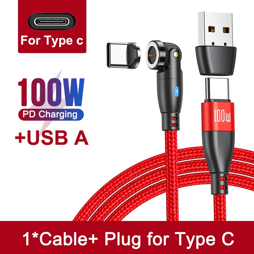 540 Degree Magnetic Fast Charging USB Type C Cable with 5A PD100W Power and 3 Tips