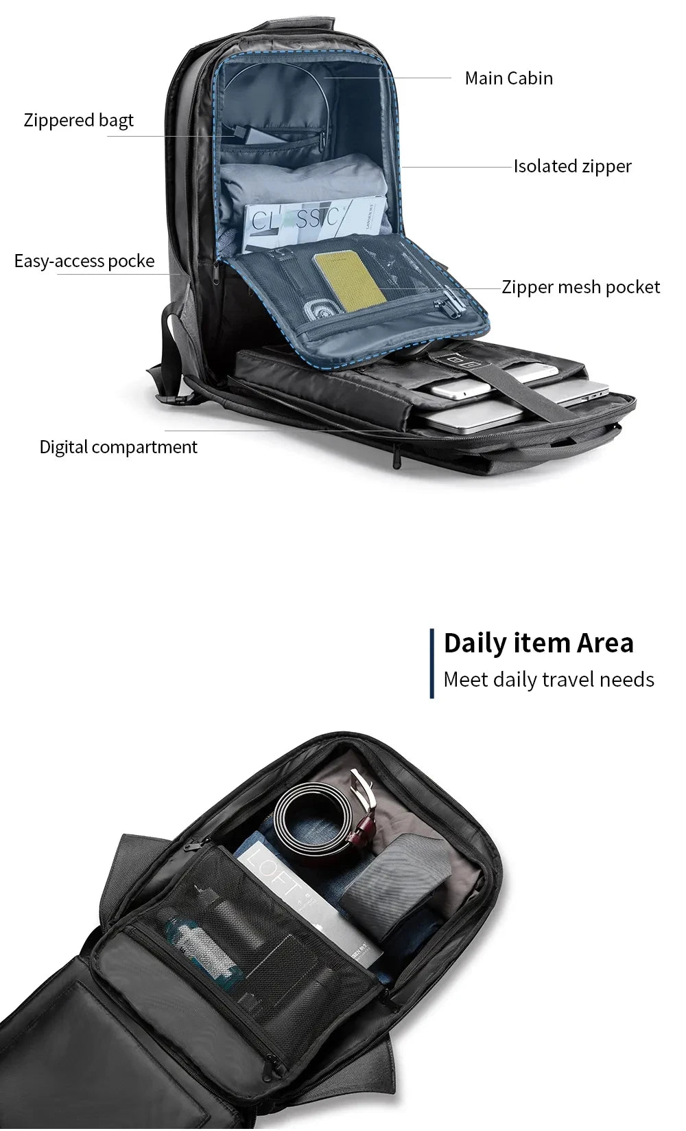 Anti-theft laptop backpack with USB charging, water resistant, 15.6 inch business and school use