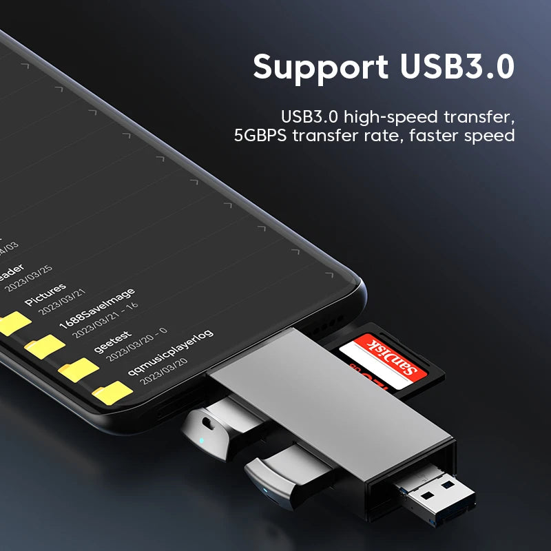 7-in-1 USB 3.0 Card Reader with Type-C Adapter for SD, TF, and Micro Memory Cards