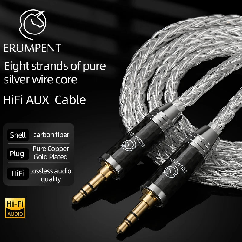 Pure Silver HiFi 3.5mm Stereo Aux Audio Cable with 8 Strands for Speaker AMP and Headphones