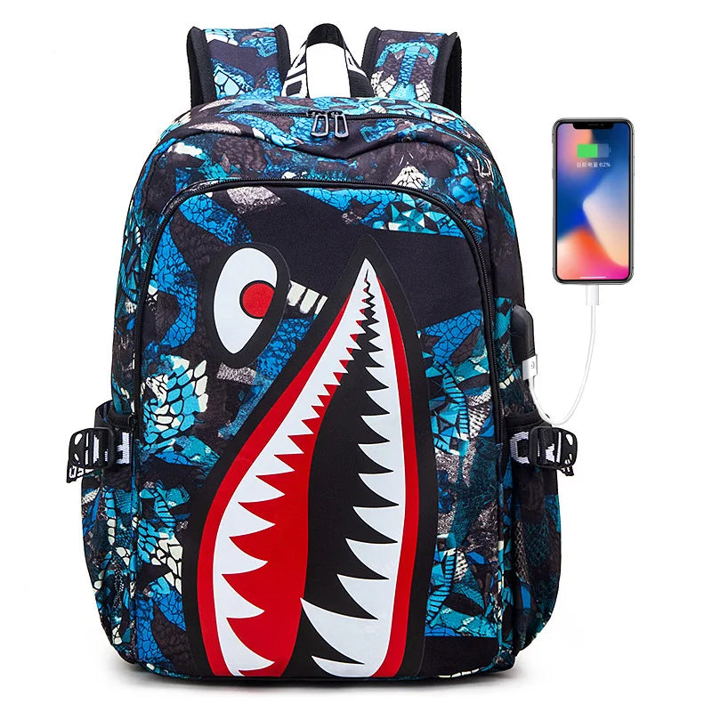 Children’s Shark Print Large Capacity Backpack for Kids Lightweight Durable Cartoon School Bag