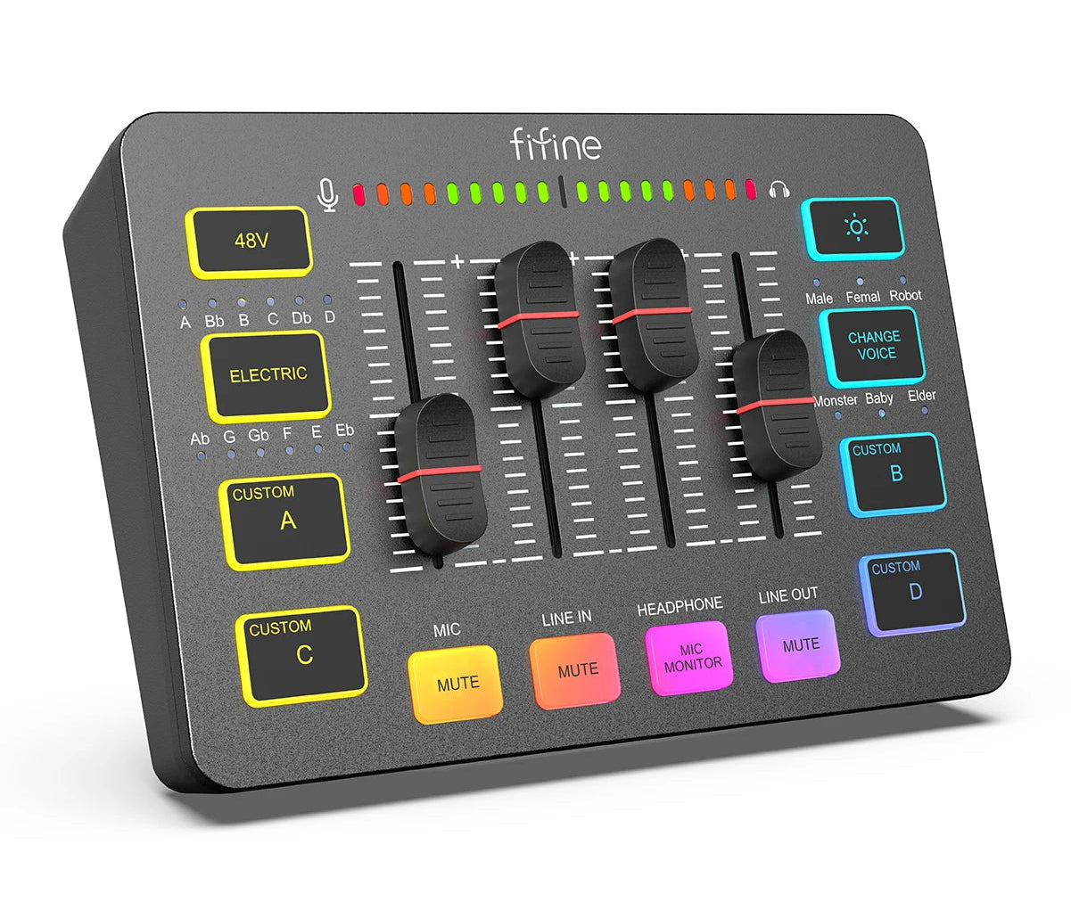 USB Gaming Audio Mixer with XLR Interface 48V Phantom Power RGB Sound Card for Streaming Podcasting