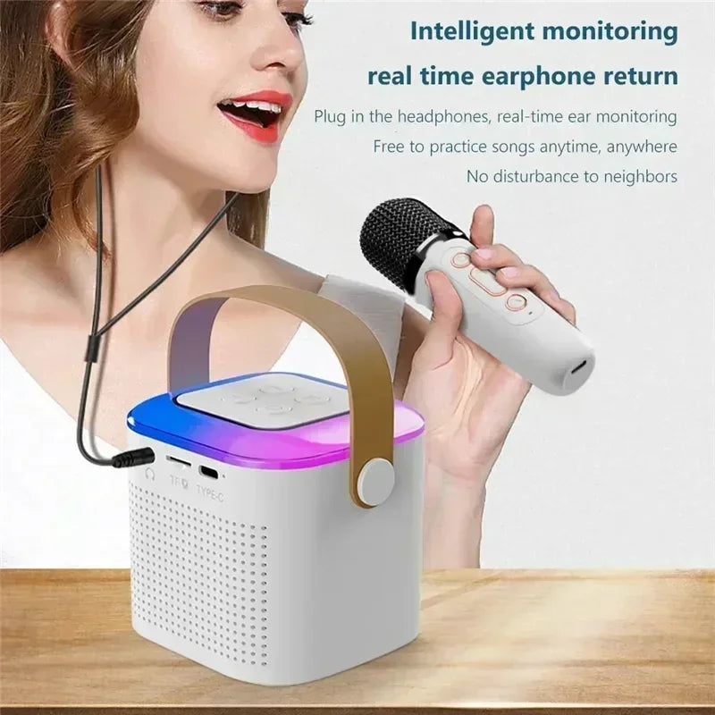 Mini Bluetooth Karaoke Machine with Dual Wireless Microphones LED Speaker for Family Parties