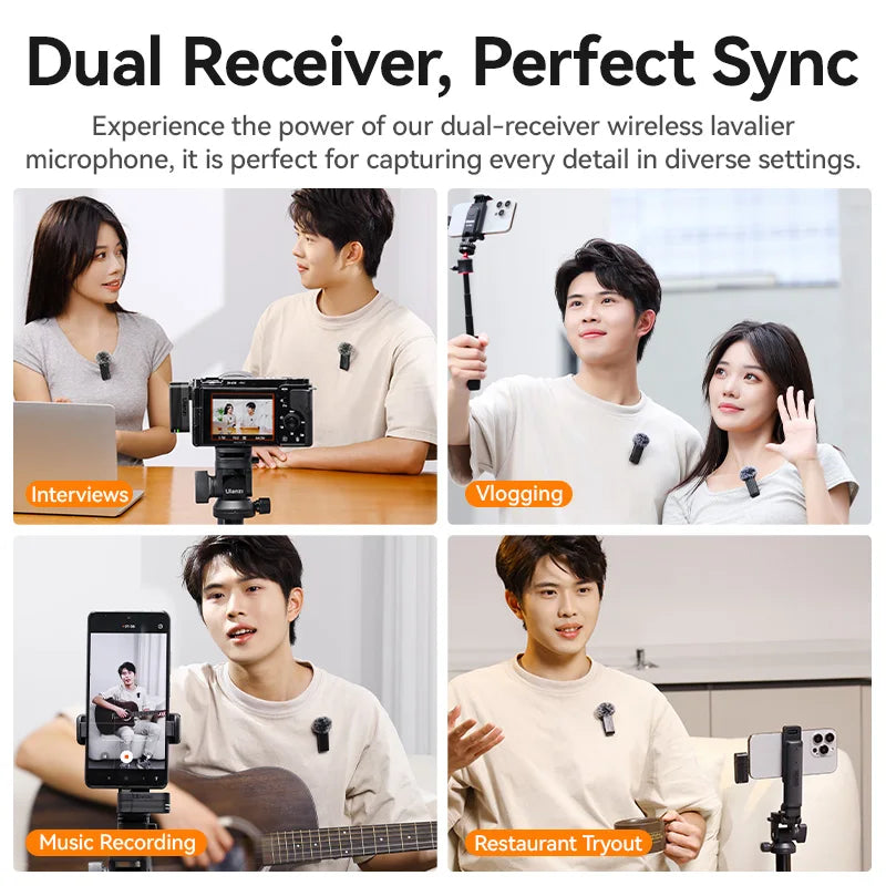 Ulanzi A100 Wireless Lavalier Microphone for iPhone 16/15 Pro, Camera & Real-Time Monitoring