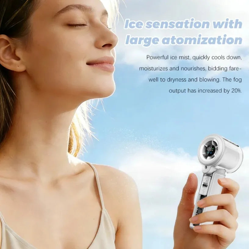 Portable Rechargeable Handheld Fan with Water Mist Spray and Digital Display for Outdoor Use