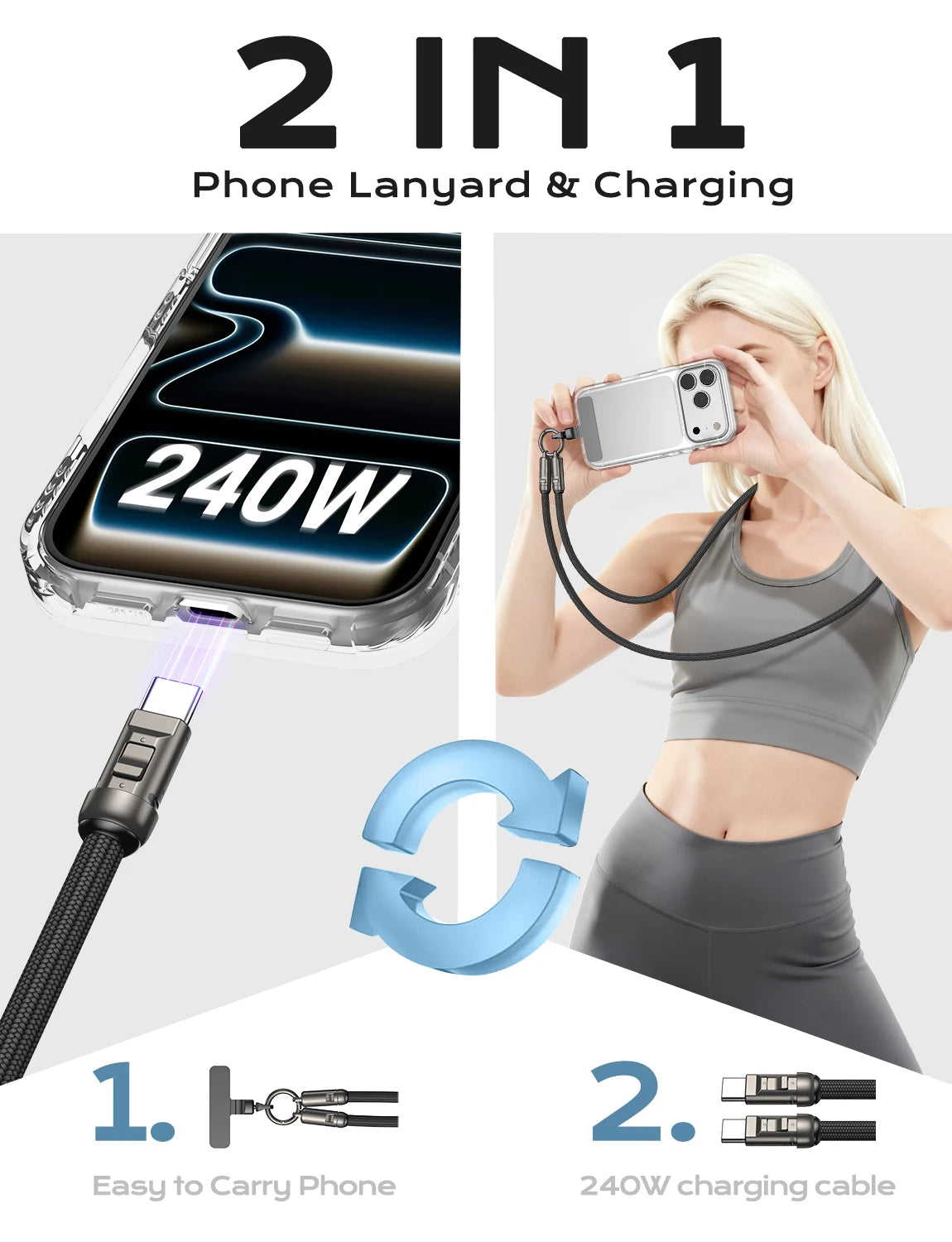 240W USB Type C to Type C Fast Charging Phone Lanyard Cable with Braided Neck Strap 1.2m