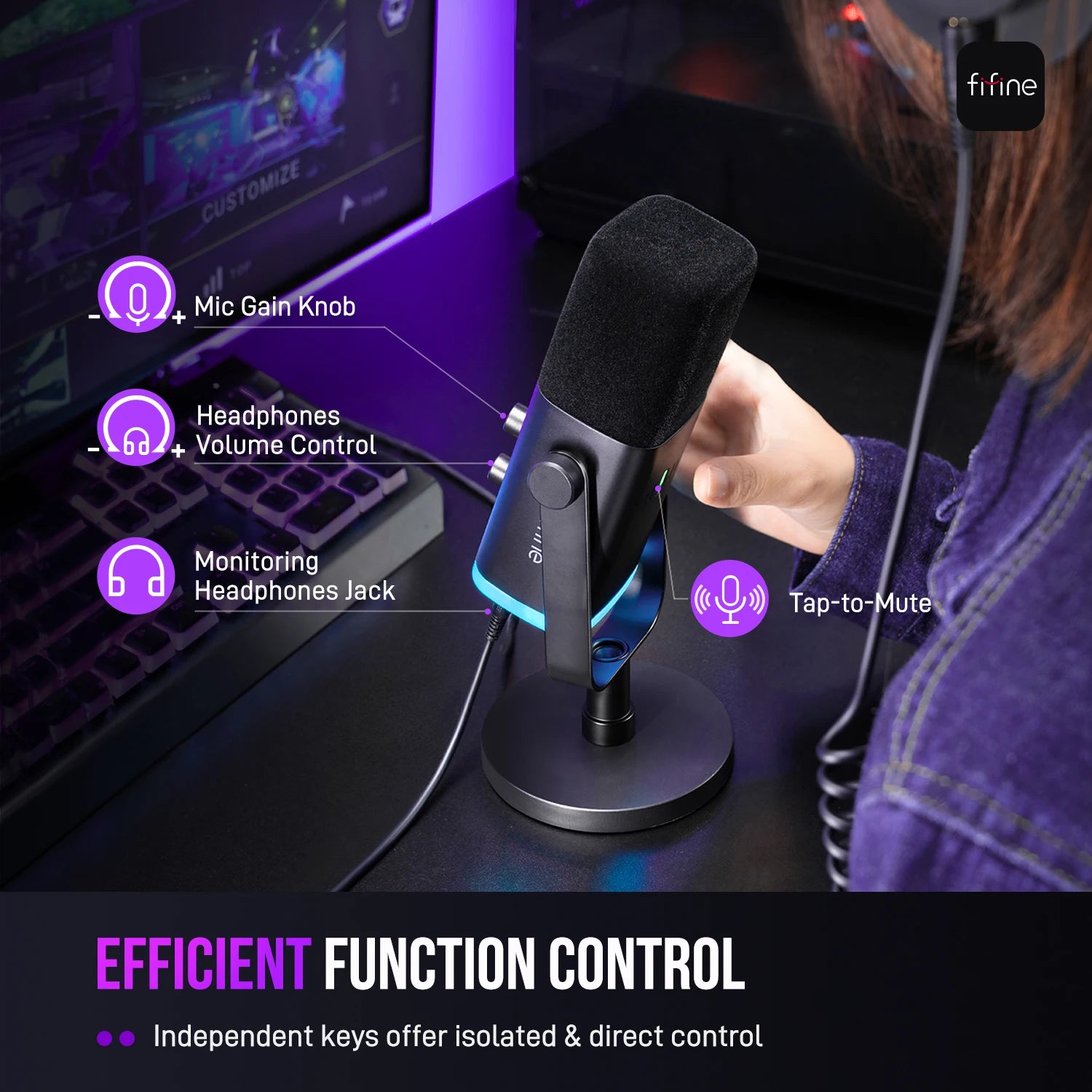USB/XLR Dynamic Gaming Microphone with RGB Lighting Headphone Jack Mute Control for Streaming